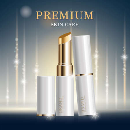 Hydrating facial lipstick for annual sale or festival sale. silver and gold lipstick mask bottle isolated on glitter particles background. Graceful cosmetic ads, illustration.のイラスト素材
