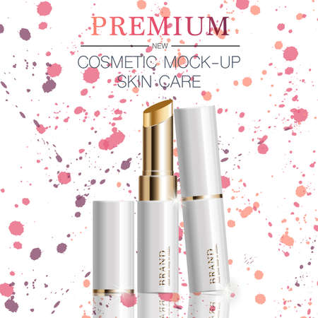 Hydrating facial lipstick for annual sale or festival sale. silver and gold lipstick mask bottle isolated on glitter particles background. Graceful cosmetic ads, illustration.のイラスト素材
