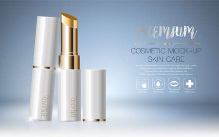 Hydrating facial lipstick for annual sale or festival sale. silver and gold lipstick mask bottle isolated on glitter particles background. Graceful cosmetic ads, illustration.のイラスト素材