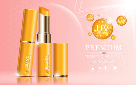 Hydrating facial lipstick for annual sale or festival sale. silver and gold lipstick mask bottle isolated on glitter particles background. Graceful cosmetic ads, illustration.のイラスト素材