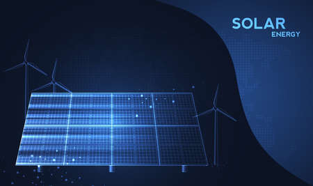 Solar panels and wind turbines or alternative sources of energy. Ecological sustainable energy supply. Vector illustration.のイラスト素材