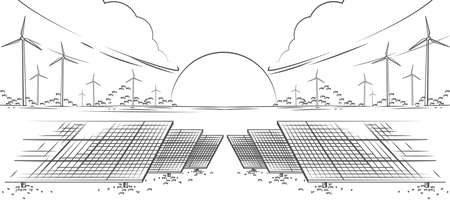 Solar panels and wind turbines or alternative sources of energy. Ecological sustainable energy supply. Vector illustration.のイラスト素材