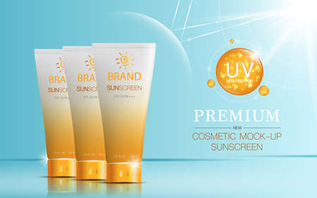 Hydrating facial sunscreen for annual sale or festival sale. orange and gold sunscreen mask bottle isolated on glitter particles background. Graceful cosmetic ads.のイラスト素材