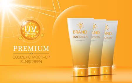 Hydrating facial sunscreen for annual sale or festival sale. orange and gold sunscreen mask bottle isolated on glitter particles background. Graceful cosmetic ads.のイラスト素材