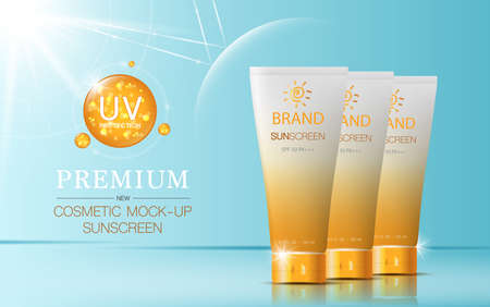 Hydrating facial sunscreen for annual sale or festival sale. orange and gold sunscreen mask bottle isolated on glitter particles background. Graceful cosmetic ads.のイラスト素材