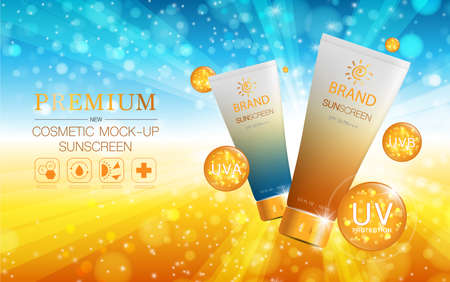 Hydrating facial sunscreen for annual sale or festival sale. orange and gold sunscreen mask bottle isolated on glitter particles background. Graceful cosmetic ads.のイラスト素材
