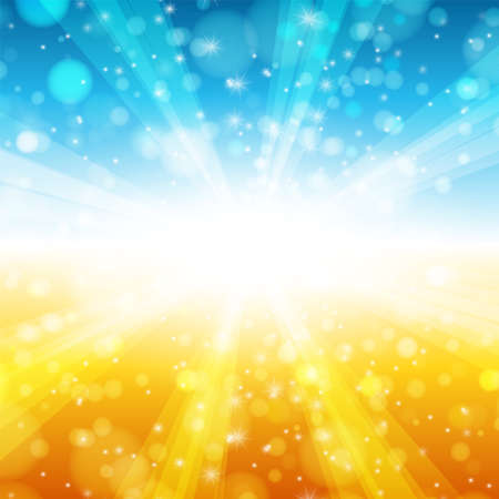 summer sun light burst blue, yellow and orange background. Vector illustration.のイラスト素材