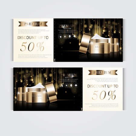Gift voucher hydrating facial cream for annual sale or festival sale. silver and gold cream mask bottle isolated on glitter particles background. Banner graceful cosmetic ads, illustration.のイラスト素材