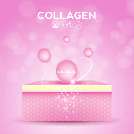 Collagen serum and vitamin, hyaluronic acid skin solutions with cosmetic advertising background ready to use. Illustration vector.のイラスト素材