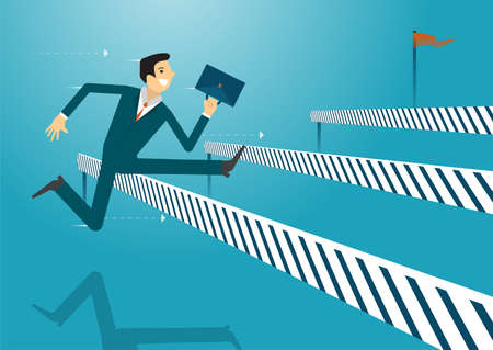 Business illustration concept of businessman jumping over obstacles like hurdle race. business concept.のイラスト素材