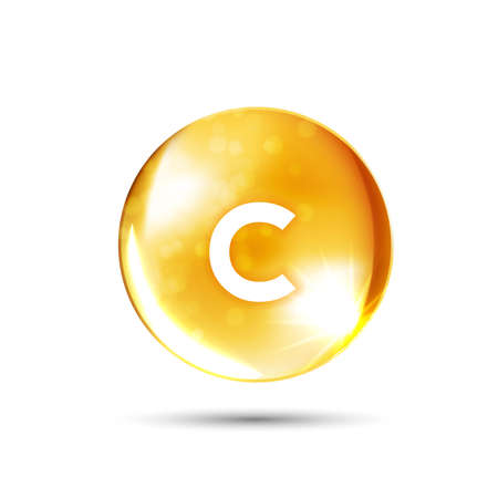 Vitamin C icon. shining golden substance drop. meds for heath ads. treatment cold flu and nutrition skin care. vector.のイラスト素材