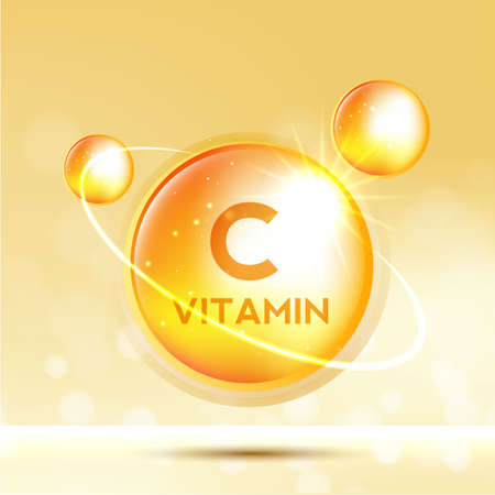 Vitamin C icon. shining golden substance drop. meds for heath ads. treatment cold flu and nutrition skin care. vector.の写真素材