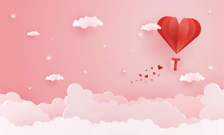 Origami made hot air balloon flying on the sky with heart float on the sky, illustration of love and valentine day, vector paper art and craft style.のイラスト素材