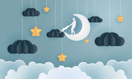 family in the moon and star with the night, vector paper art and craft style.のイラスト素材