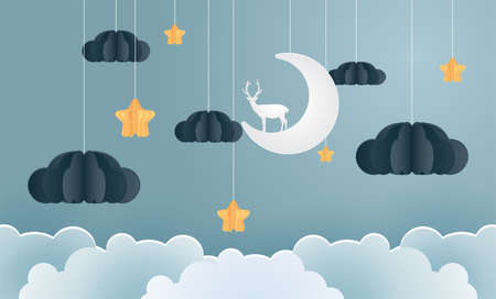 family in the moon and star with the night, vector paper art and craft style.のイラスト素材