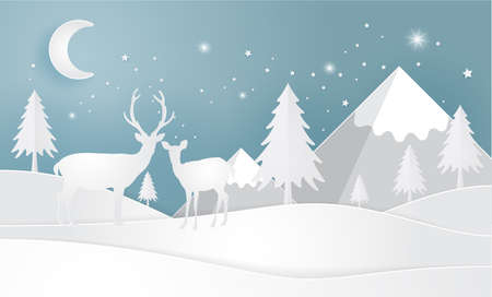 Deer in forest with snow, vector paper art and craft style.のイラスト素材
