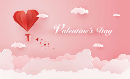 Origami made hot air balloon flying on the sky with heart float on the sky, illustration of love and valentine day, vector paper art and craft style.のイラスト素材
