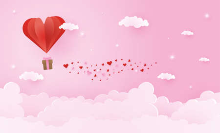 Origami made hot air balloon flying on the sky with heart float on the sky, illustration of love and valentine day, vector paper art and craft style.のイラスト素材
