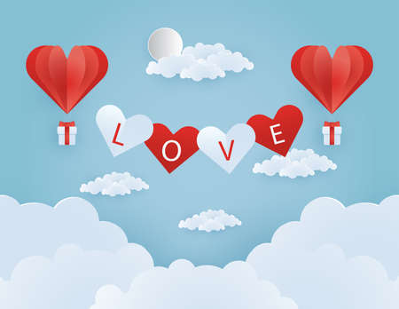 Origami made hot air balloon flying on the sky with heart float on the sky, illustration of love and valentine day, vector paper art and craft style.のイラスト素材