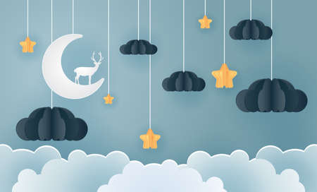 family in the moon and star with the night, vector paper art and craft style.のイラスト素材