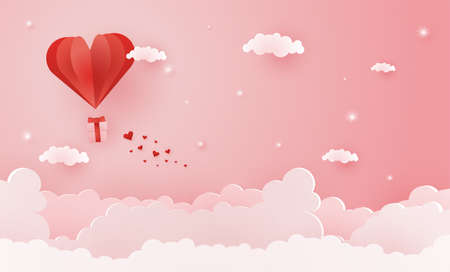 Origami made hot air balloon flying on the sky with heart float on the sky, illustration of love and valentine day, vector paper art and craft style.のイラスト素材