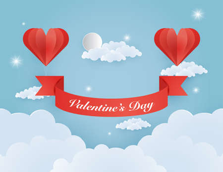 Origami made hot air balloon flying on the sky with heart float on the sky, illustration of love and valentine day, vector paper art and craft style.のイラスト素材