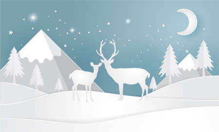 Deer in forest with snow, vector paper art and craft style.のイラスト素材