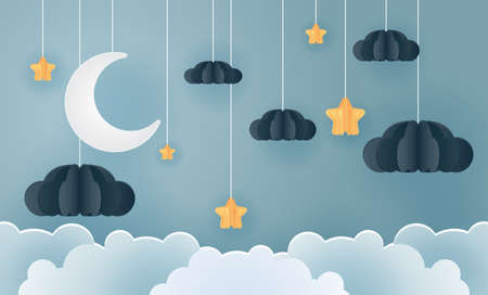 family in the moon and star with the night, vector paper art and craft style.のイラスト素材