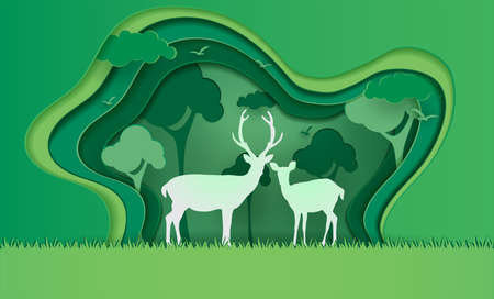Deer in forest with snow, vector paper art and craft style.のイラスト素材