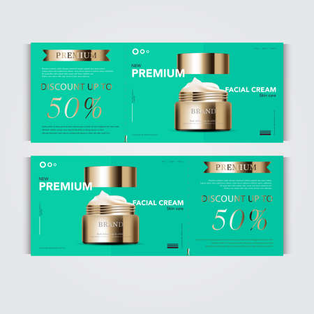 Gift voucher hydrating facial cream for annual sale or festival sale. silver and gold cream mask bottle isolated on glitter particles background. Banner graceful cosmetic ads, illustration.のイラスト素材