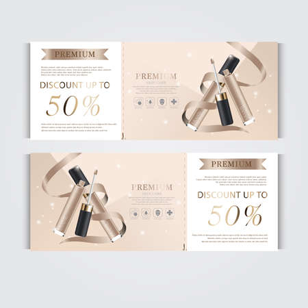 Gift voucher hydrating facial concealer for annual sale or festival sale. silver and gold concealer mask bottle isolated on glitter particles background. Banner graceful cosmetic ads, illustration.のイラスト素材