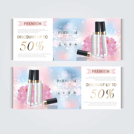 Gift voucher hydrating facial concealer for annual sale or festival sale. silver and gold concealer mask bottle isolated on glitter particles background. Banner graceful cosmetic ads, illustration.のイラスト素材