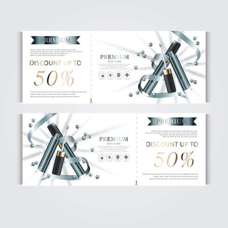 Gift voucher hydrating facial concealer for annual sale or festival sale. silver and gold concealer mask bottle isolated on glitter particles background. Banner graceful cosmetic ads, illustration.のイラスト素材