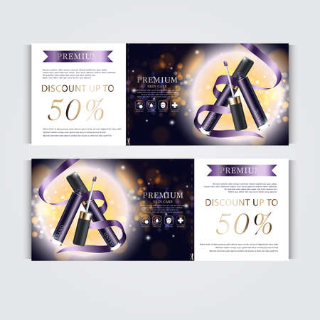 Gift voucher hydrating facial concealer for annual sale or festival sale. silver and gold concealer mask bottle isolated on glitter particles background. Banner graceful cosmetic ads, illustration.のイラスト素材