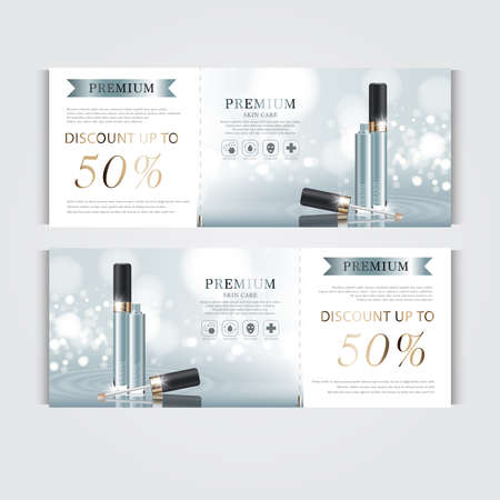 Gift voucher hydrating facial concealer for annual sale or festival sale. silver and gold concealer mask bottle isolated on glitter particles background. Banner graceful cosmetic ads, illustration.のイラスト素材