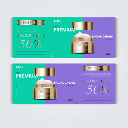 Gift voucher hydrating facial cream for annual sale or festival sale. silver and gold cream mask bottle isolated on glitter particles background. Banner graceful cosmetic ads, illustration.のイラスト素材