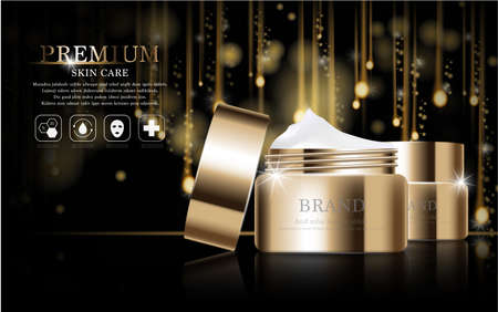 Hydrating facial cream for annual sale or festival sale. silver and gold cream mask bottle isolated on glitter particles background. Graceful cosmetic ads, illustration.のイラスト素材