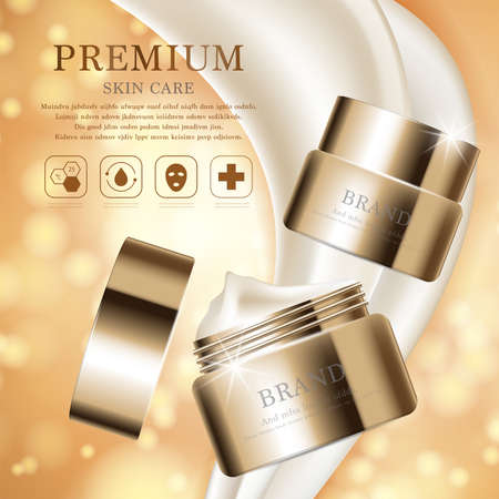 Hydrating facial cream for annual sale or festival sale. silver and gold cream mask bottle isolated on glitter particles background. Graceful cosmetic ads, illustration.のイラスト素材