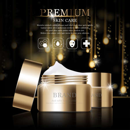 Hydrating facial cream for annual sale or festival sale. silver and gold cream mask bottle isolated on glitter particles background. Graceful cosmetic ads, illustration.のイラスト素材