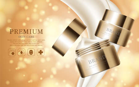 Hydrating facial cream for annual sale or festival sale. silver and gold cream mask bottle isolated on glitter particles background. Graceful cosmetic ads, illustration.のイラスト素材
