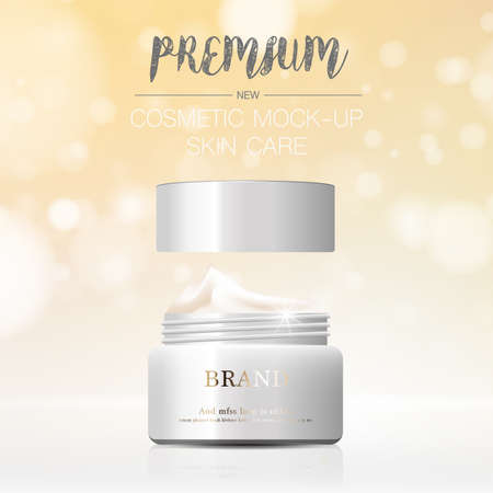 Hydrating facial cream for annual sale or festival sale. silver and gold cream mask bottle isolated on glitter particles background. Graceful cosmetic ads, illustration.のイラスト素材