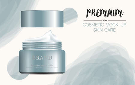 Hydrating facial cream for annual sale or festival sale. silver and gold cream mask bottle isolated on glitter particles background. Graceful cosmetic ads, illustration.のイラスト素材