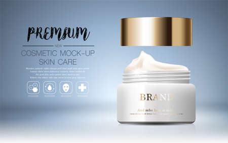 Hydrating facial cream for annual sale or festival sale. silver and gold cream mask bottle isolated on glitter particles background. Graceful cosmetic ads, illustration.のイラスト素材