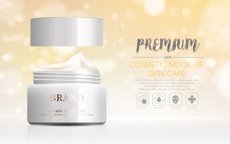 Hydrating facial cream for annual sale or festival sale. silver and gold cream mask bottle isolated on glitter particles background. Graceful cosmetic ads, illustration.のイラスト素材