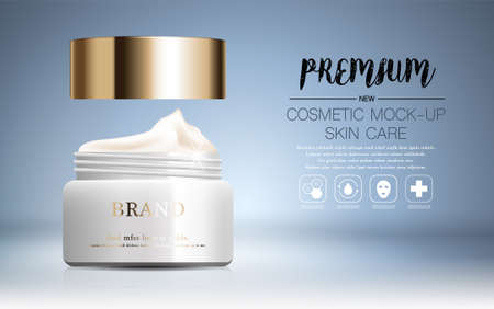 Hydrating facial cream for annual sale or festival sale. silver and gold cream mask bottle isolated on glitter particles background. Graceful cosmetic ads, illustration.のイラスト素材
