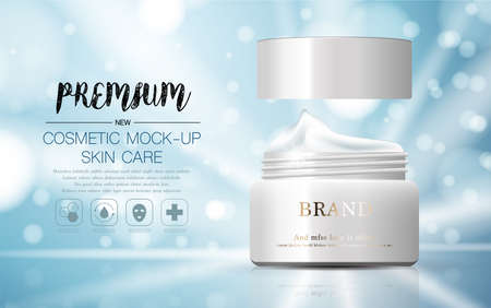 Hydrating facial cream for annual sale or festival sale. silver and gold cream mask bottle isolated on glitter particles background. Graceful cosmetic ads, illustration.のイラスト素材