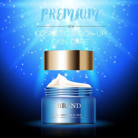 Hydrating facial cream for annual sale or festival sale. silver and gold cream mask bottle isolated on glitter particles background. Graceful cosmetic ads, illustration.のイラスト素材