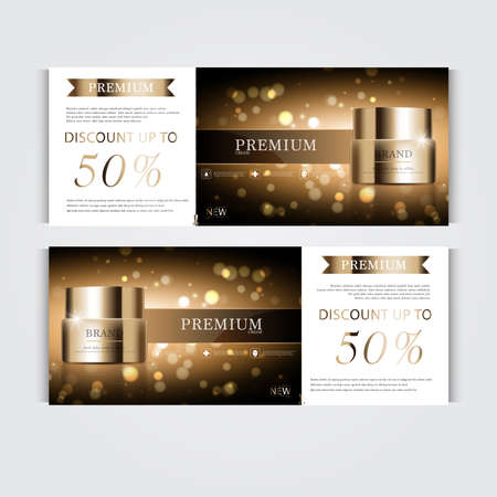 Gift voucher hydrating facial cream for annual sale or festival sale. silver and gold cream mask bottle isolated on glitter particles background. Banner graceful cosmetic adsのイラスト素材