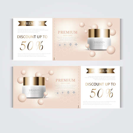 Gift voucher hydrating facial cream for annual sale or festival sale. silver and gold cream mask bottle isolated on glitter particles background. Banner graceful cosmetic adsのイラスト素材