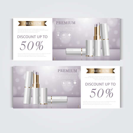 Gift voucher hydrating facial cream for annual sale or festival sale. silver and gold cream mask bottle isolated on glitter particles background. Banner graceful cosmetic adsのイラスト素材